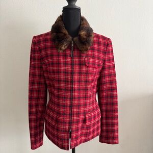 Lauren Ralph Lauren Jacket Womens 6 Red Plaid Faux Fur Collar
